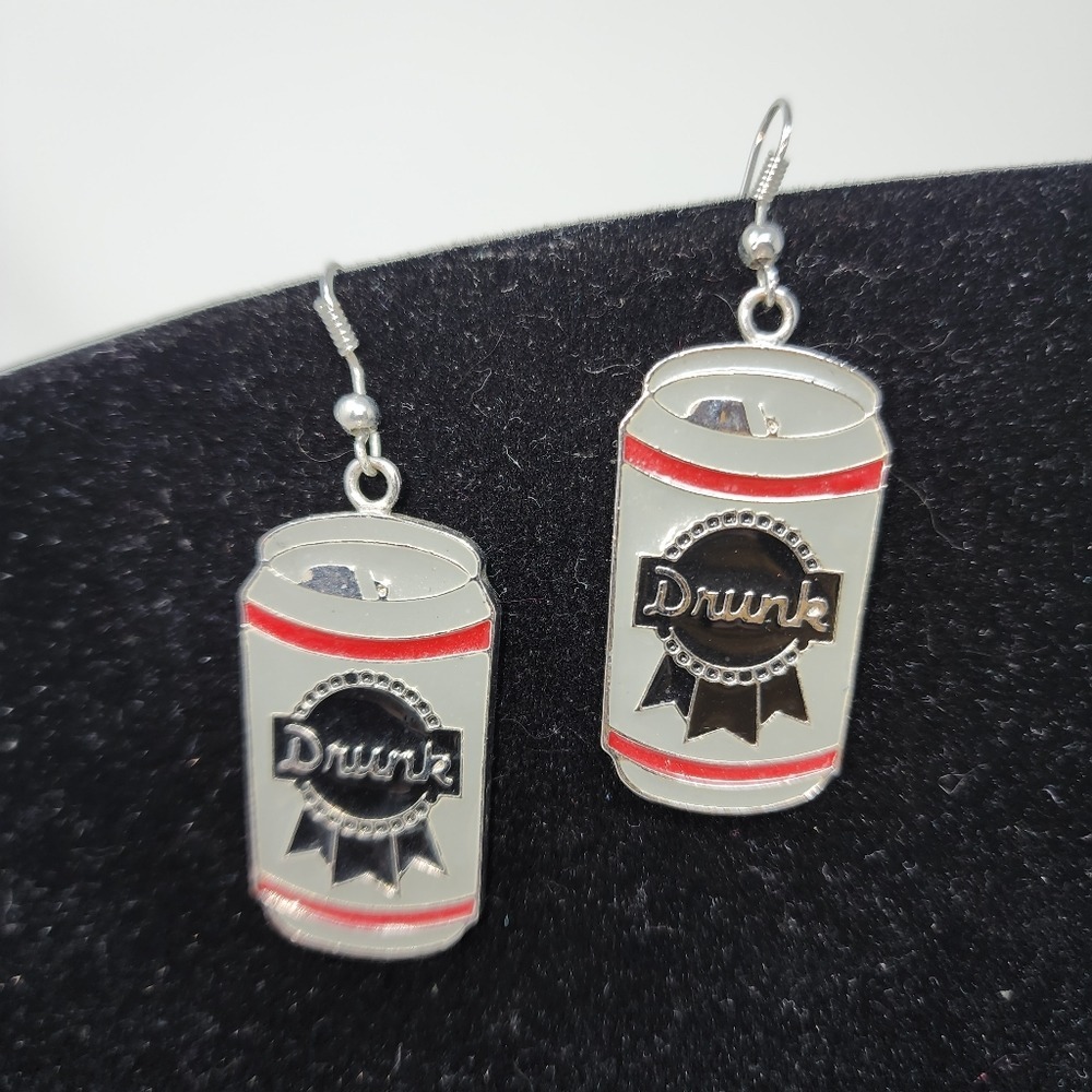 Drunk Beer Can Drop Earrings Silver‎ Red Enamel Novelty Kitschy Party Jewelry